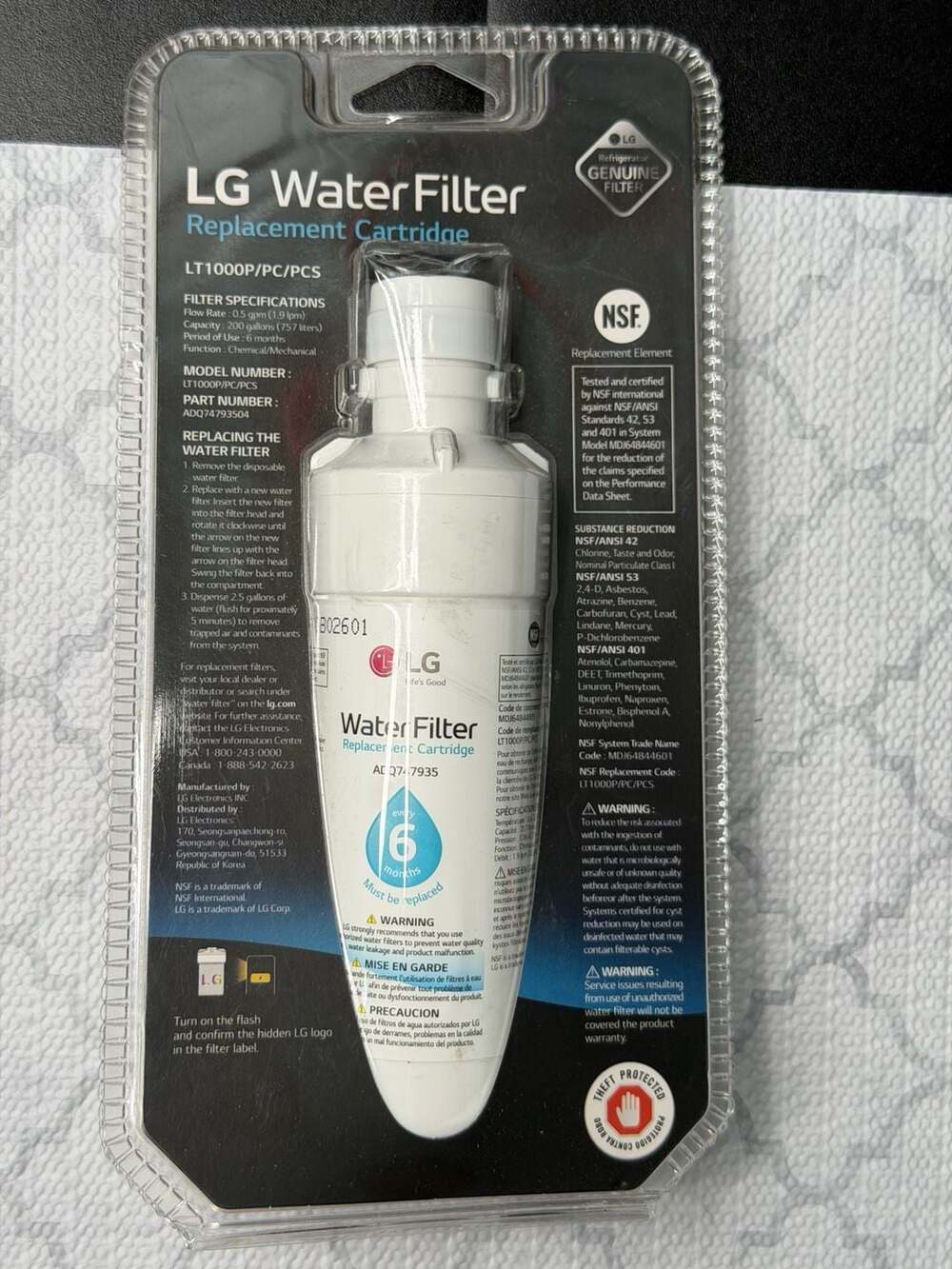 LG LT1000P Refrigerator Water Filter Replacement Cartridge ADQ74793504